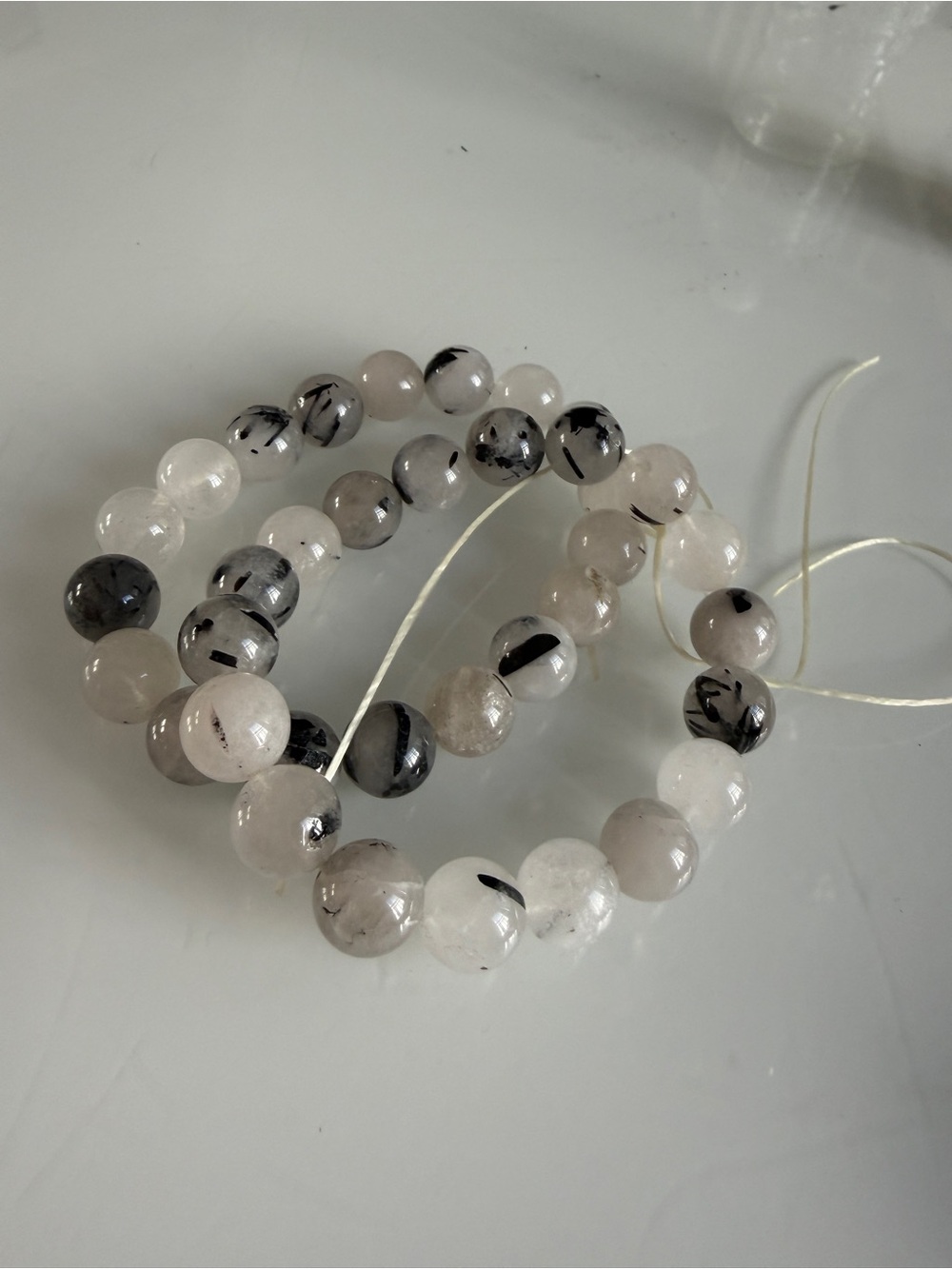 Natural Tourmalinated Quartz Beaded Bracelet - White & Black (price is for 1)
